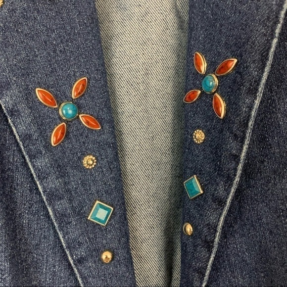 VINTAGE 80s Western Crackle Stone Embellished Denim Blazer Jacket Size 10 - Picture 8 of 12
